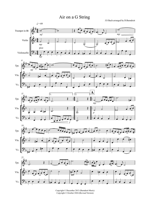 Air on a G String for Trumpet, Violin and Cello Trio (Arr. David Burndrett) - Johann Sebastian Bach (Small Ensemble)