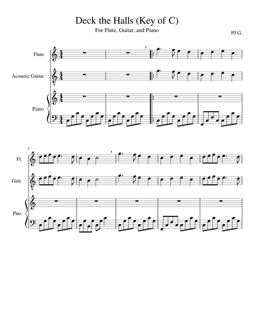 Deck the Halls (Key of C)-Flute, Guitar, Piano