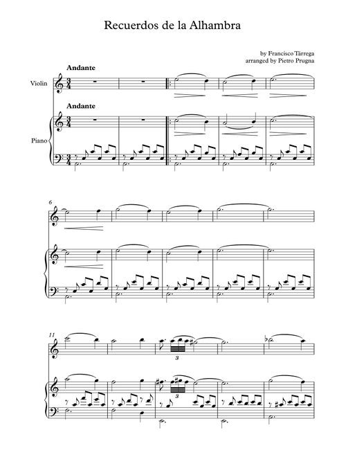 Recuerdos de la Alhambra (Memories of the Alhambra) (Arr. Pietro Prugna) - Francisco Tárrega (Violin Solo)