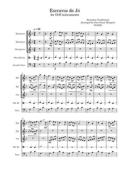 J. O. Marques: Escravos de Jó (Brazilian traditional), for Orff instruments