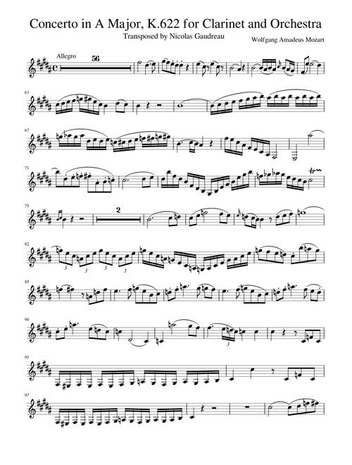 Mozart's Clarinet Concerto in A major for Bb clarinet