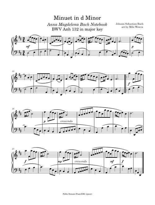 Minuet in D minor, BWV Anh.132 – Johann Sebastian Bach Minuet in d Minor In major