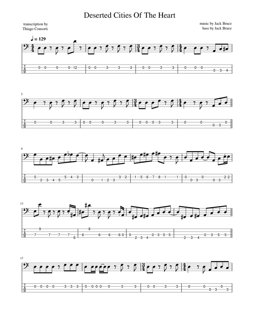 CREAM - Deserted Cities Of The Heart (bass) Sheet Music and Tab
