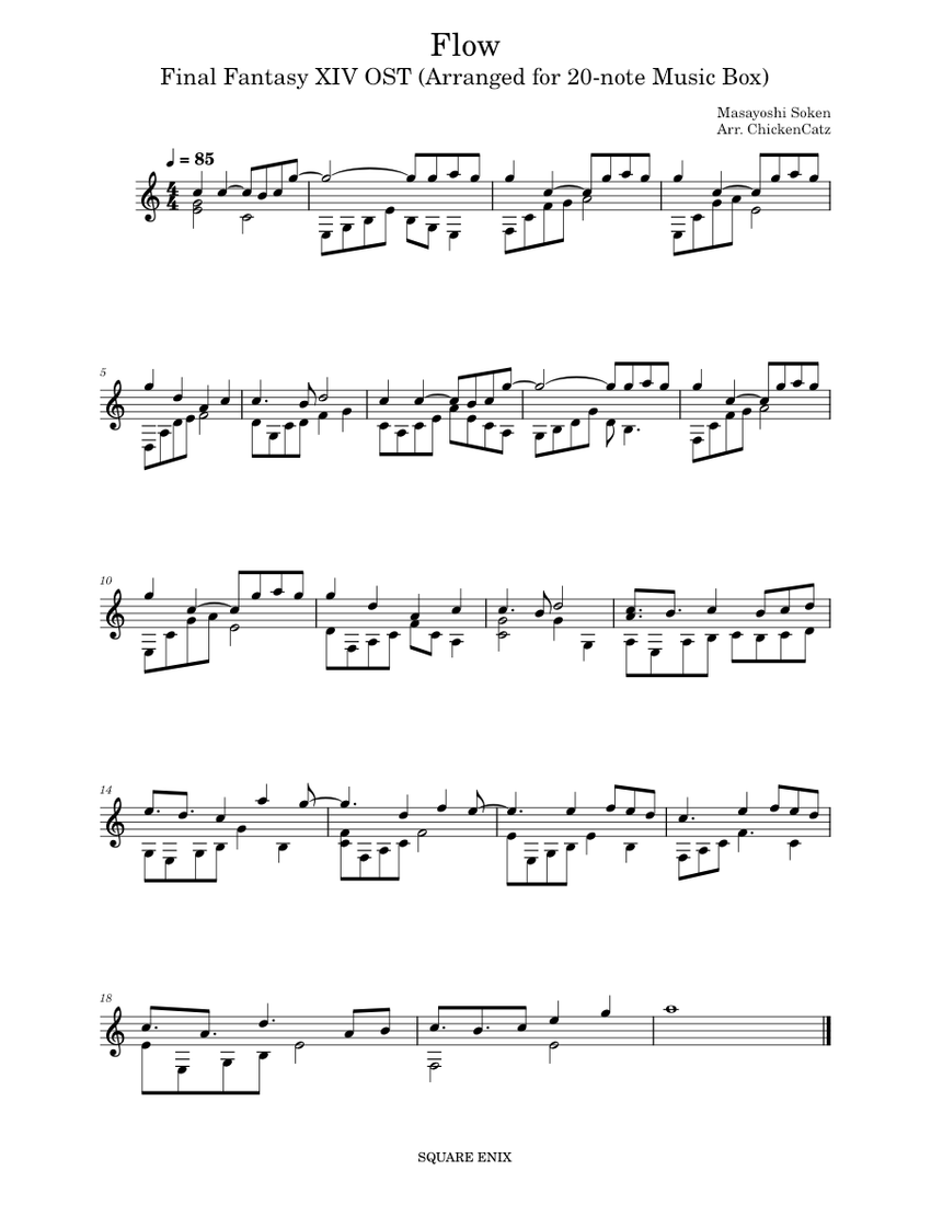 Final Fantasy XIV - Flow (Arranged for 20-note Music Box) - piano tutorial