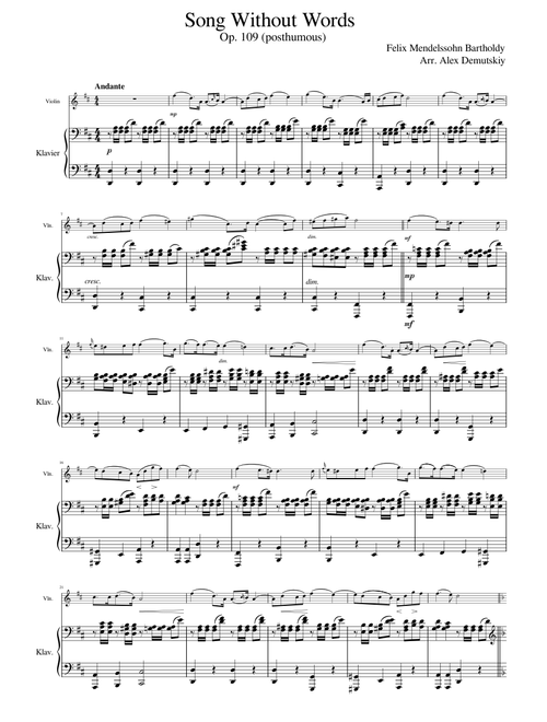 Lied ohne Worte, Op.109 – Felix Mendelssohn Violin, Piano