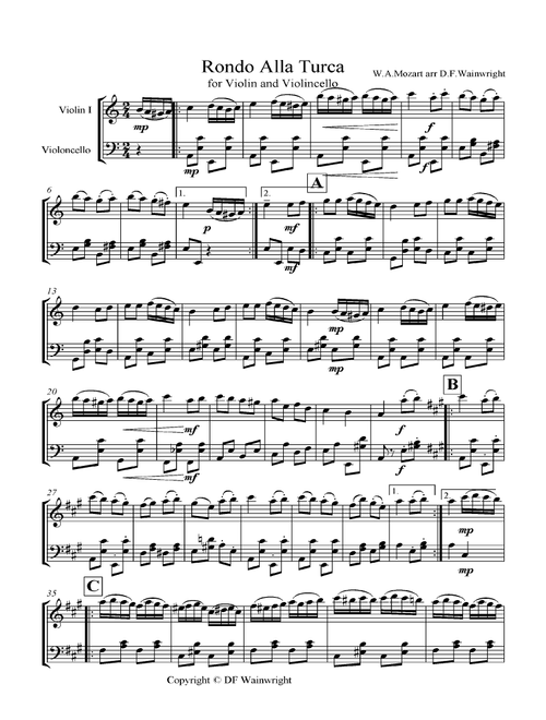 Rondo Alla Turca for violin and violoncello (Arr. David F Wainwright) - W A Mozart (Instrumental Duet)