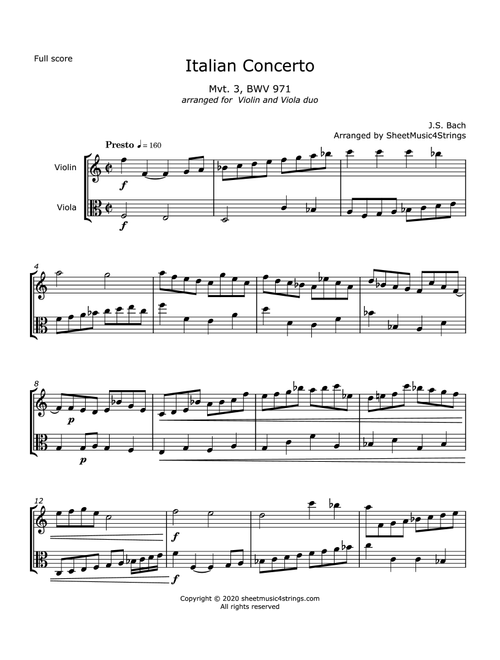 Bach, J.S. - Italian Concerto, Mvt. 3, arranged for Violin and Viola Duo (Arr. Linda Scott) - J.S. Bach (Instrumental Duet)