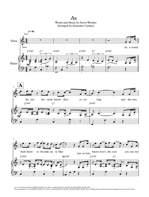 As (Arr. Alejandro Campos) - Stevie Wonder (Piano Vocal)
