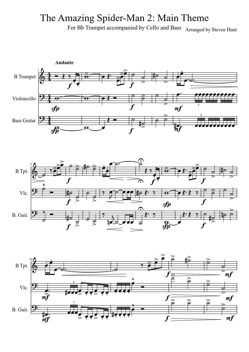 The Amazing Spider-man 2 Theme for Bb Trumpet Cello and Bass Sheet music  for Cornet, Cello, Bass guitar (Mixed Trio) 