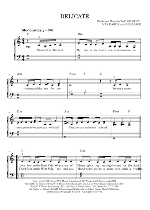 Delicate - Taylor Swift Sheet Music for Piano, Vocals (Piano-Voice ...