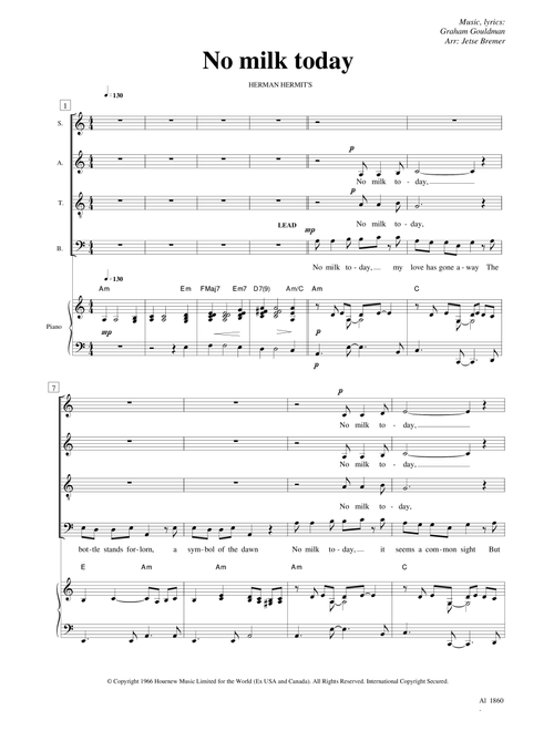No Milk Today (Arr. Jetse Bremer) - Herman's Hermits (Choral, SATB)