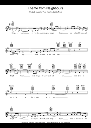 Theme From Neighbours - Tony Hatch Sheet Music with Chords for Piano ...