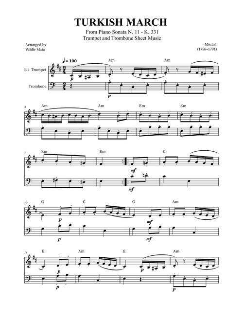 Turkish March - Trumpet and Trombone (with chords) (Arr. Valdir Maia) - Mozart (Instrumental Duet)