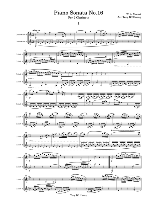 Sonata No.16, K.545 for 2 Clarinets (Arr. Tony BC Huang) - W. A. Mozart (Clarinet Duet)