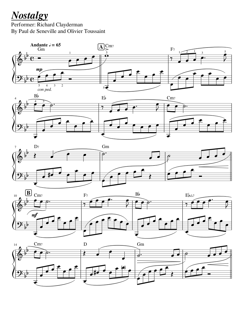 Nostalgy Richard Clayderman Sheet Music for Piano (Solo)