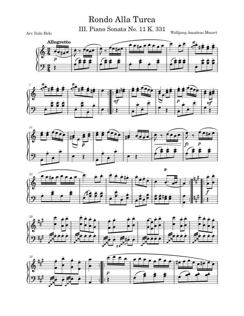Rondo Alla Turca Piano Sonata No. 11 III. Alla Turca