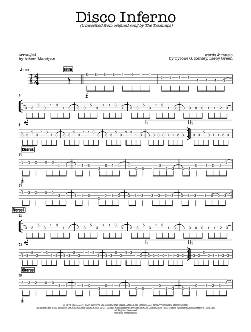 Disco Inferno (Arr. Artem Mastipan) - The Trammps (Bass Tab)