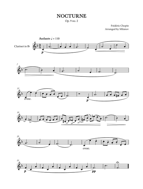 Chopin Nocturne op. 9 no. 2 | Clarinet in Bb | E-flat Major | Easy beginner (Arr. Milanov) - Frédéric Chopin (Clarinet Solo)