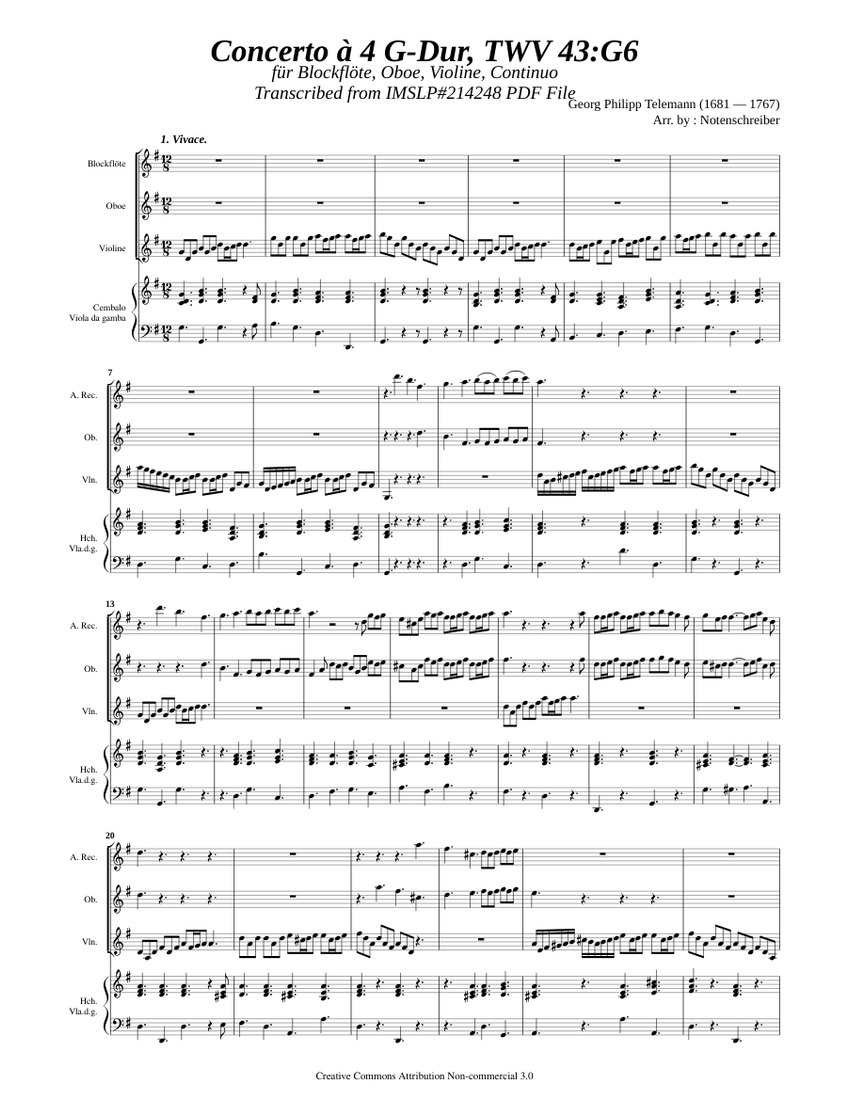 Telemann, G. P. _ Concerto à 4 G-Dur, TWV 43:G6 Sheet Music