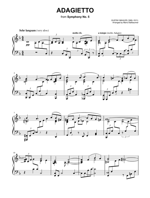 Gustav Mahler - Adagietto (from Symphony No. 5) - Piano Solo (Arr. Mario Stallbaumer) (Piano Solo)