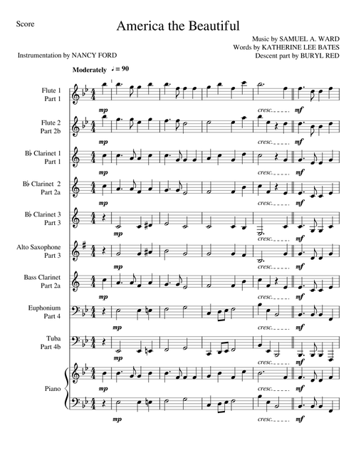 America the Beautiful (with descent part) - S. A. Ward, K. L Bates, Buryl Red (for wind ensemble)