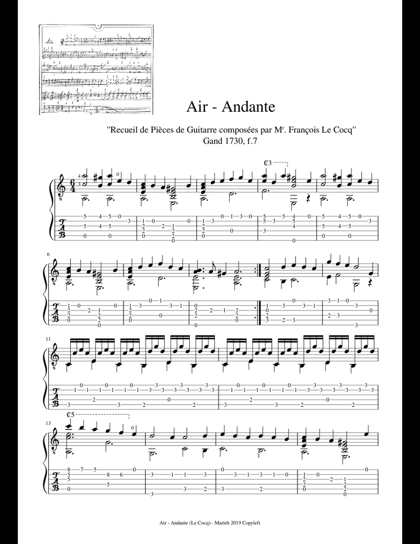 Air - Andante - François Le Cocq (fl.1729) - Tablature Sheet Music For ...