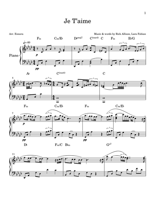 Je T'aime (Arr. Ennora) - Lara Fabian (Piano Solo)