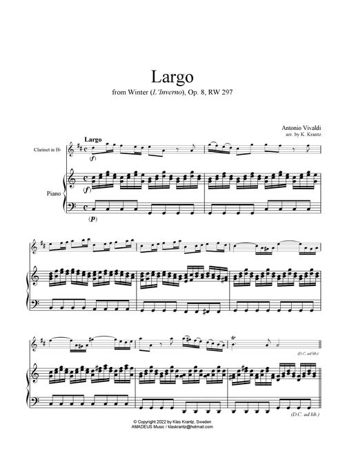 Largo from Winter (L'Inverno) for clarinet in Bb and piano (Arr. K. Krantz) - A. Vivaldi (Clarinet and Piano)