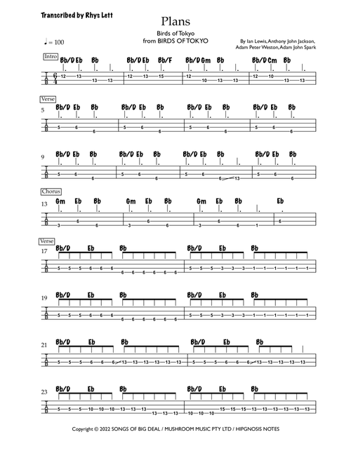 Plans (Arr. Rhys Lett) - Birds Of Tokyo (Bass Tab)