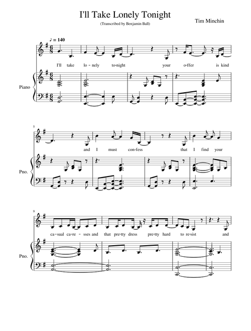 I'll Take Lonely Tonight by Tim Minchin, Sheet Music