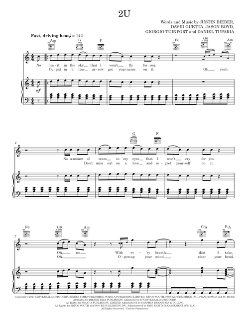 2U - Justin Bieber & David Guetta (Piano-Vocal-Guitar)