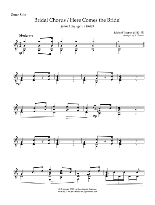 Bridal Chorus / Here Comes the Bride! for easy guitar solo (Arr. K. Krantz) - R. Wagner (Solo Guitar)