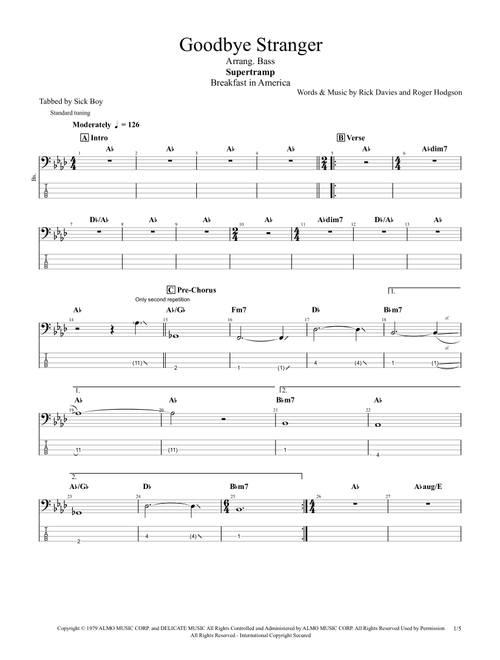 Goodbye Stranger (Arr. Sick Boy) - Supertramp (Bass Tab)