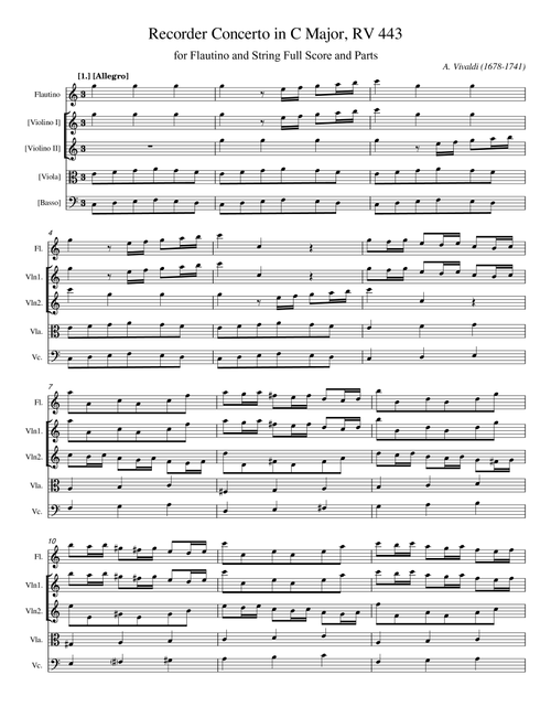 Vivaldi, Recorder Concerto in C major, RV 443, for Flautino and Strings Original Full Score (Arr. poon) - Antonio Vivaldi (Small Ensemble)