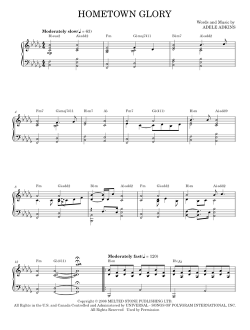 Hometown Glory - Adele (Piano Vocal)