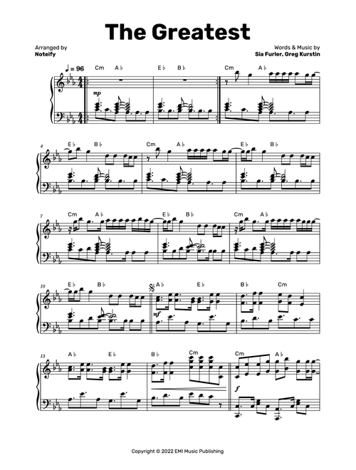 The Greatest (Arr. Noteify) - Sia (Piano Solo)