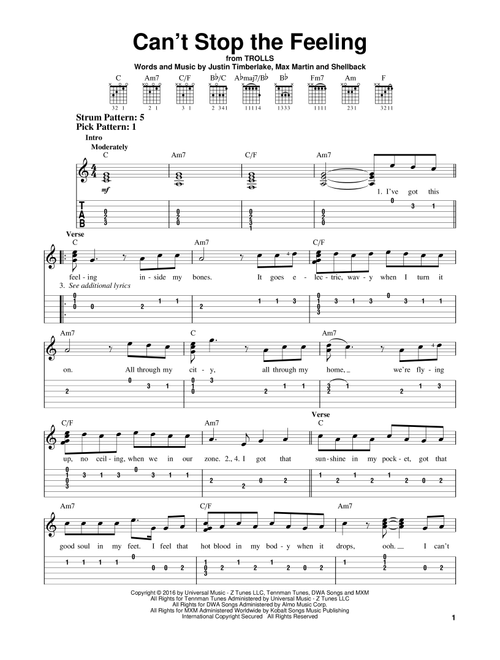 Can't Stop The Feeling - Justin Timberlake (Easy Guitar with TAB)