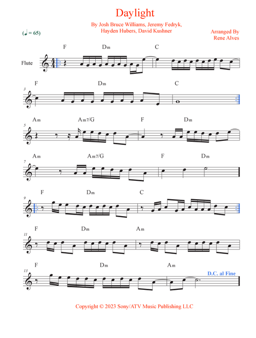 Daylight (Arr. Rene Alves) - David Kushner (Flute Solo)