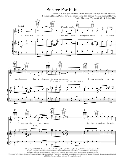 Sucker For Pain (featuring X Ambassadors) - Imagine Dragons, Lil Wayne, Lil Wayne & Wiz Khalifa, Lil (Piano-Vocal-Guitar (Piano Accompaniment))