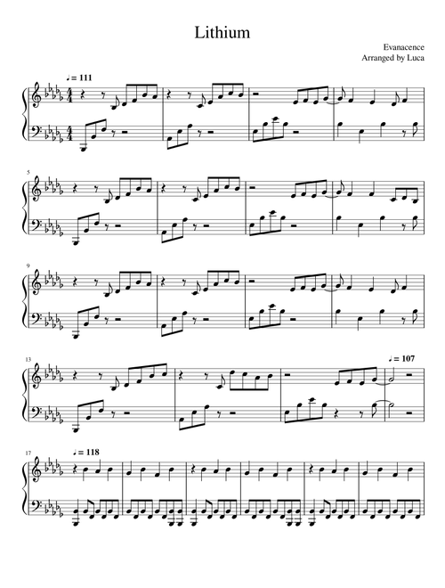 Lithium (Arr. Luca) - Evanescence (Piano Vocal)