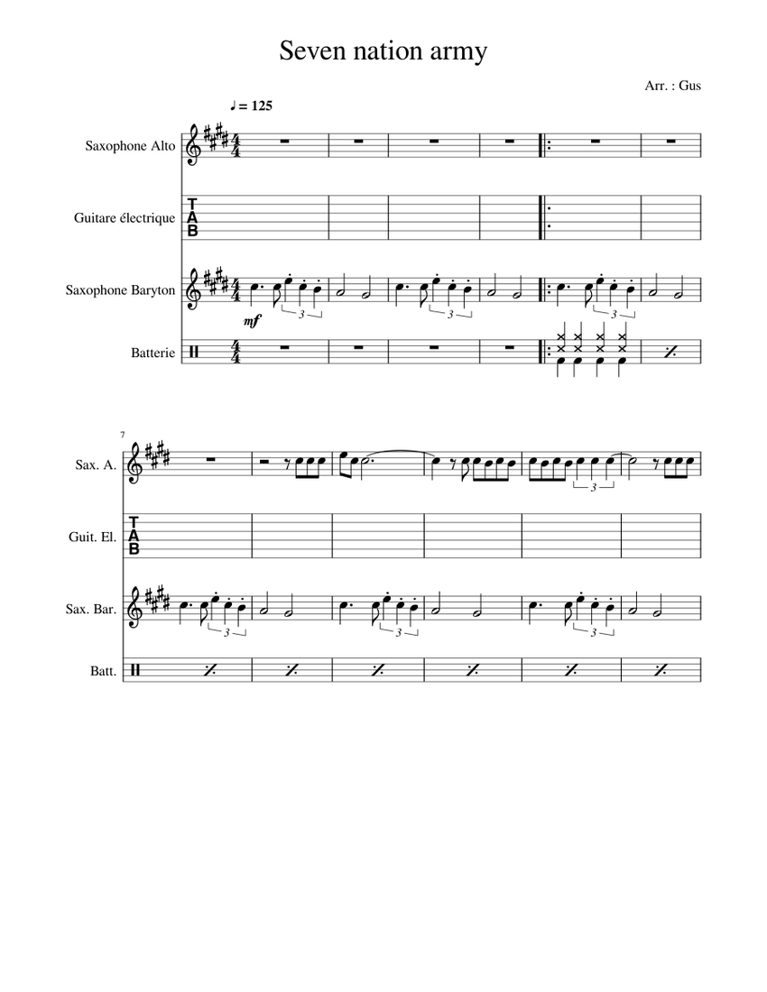 Seven nation army Sheet music for Saxophone alto, Saxophone baritone