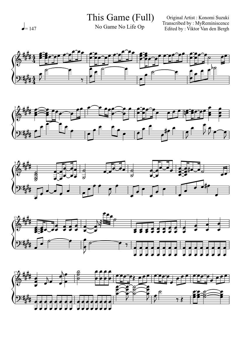 This game" From No Game Life (full) by MyReminiscence Sheet music for Piano (Solo) | Musescore.com
