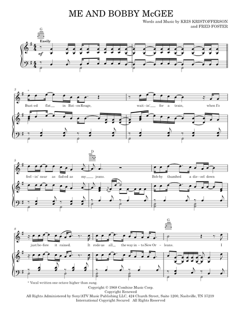 Me And Bobby McGee - Janis Joplin, Kris Kristofferson, Roger Miller (Piano-Vocal-Guitar)