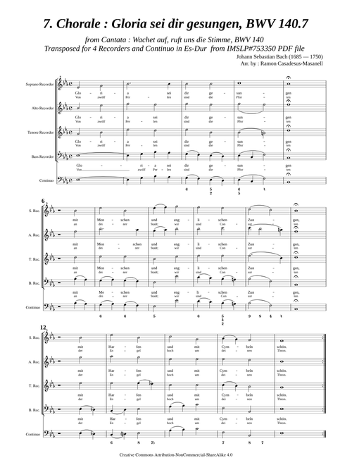 Bach, J. S. _ Chorale : Gloria sei dir gesungen, BWV 140.7  [S, A, T, B, Viol]