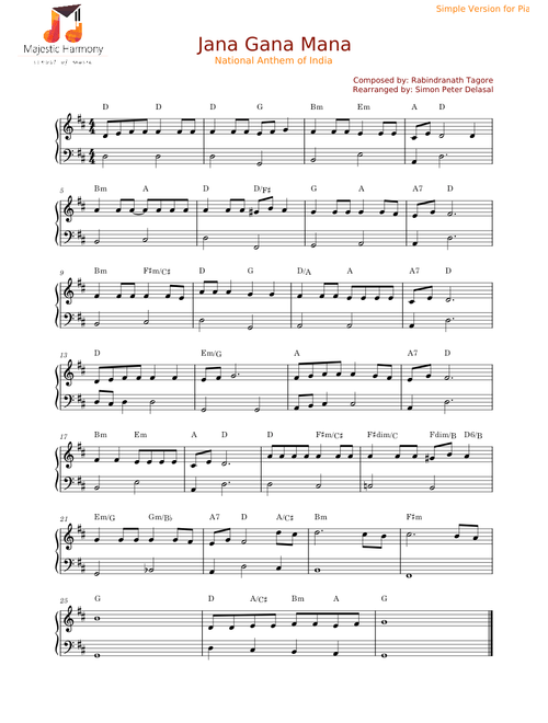 Jana Gana Mana – Rabindranath Tagore Jana Gana Mana  - National Anthem - Simple version for Piano