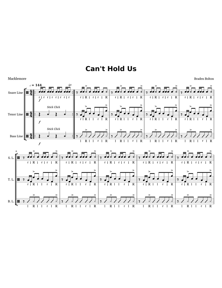 Can't Hold Us Sheet music for Snare drum, Tenor drum, Bass drum