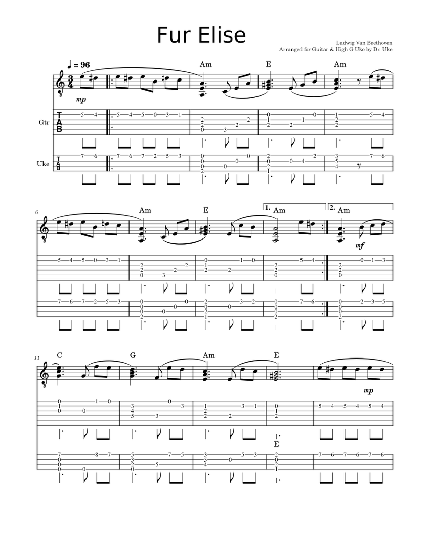 Fur Elise - Ludwig Van Beethoven Sheet Music and Tab with Chords for