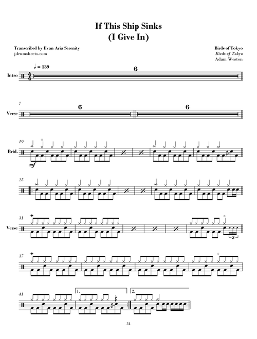 If The Ship Sinks (i Give In) (Arr. Evan Aria Serenity) - Birds Of Tokyo (Drums)