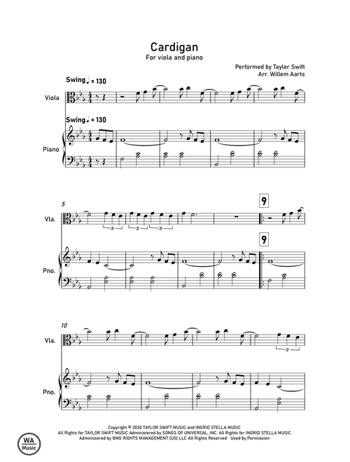 Cardigan (Arr. Willem Aarts) - Taylor Swift (Viola and Piano)