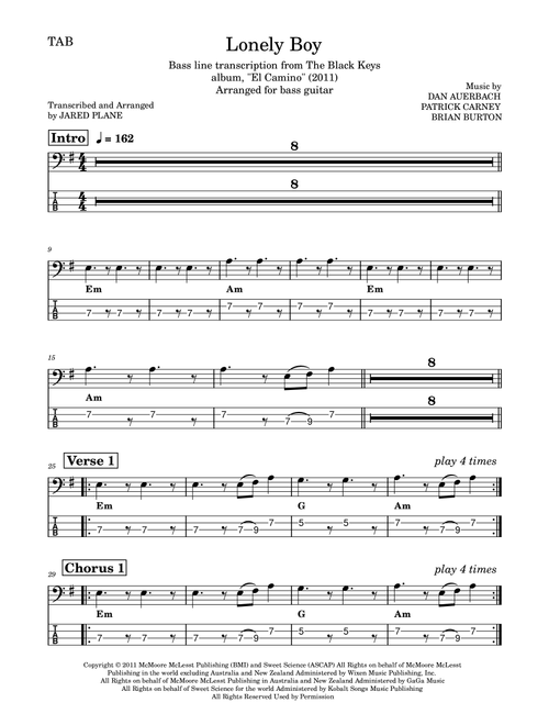 Lonely Boy (Arr. Jared Plane) - The Black Keys (Bass Tab)